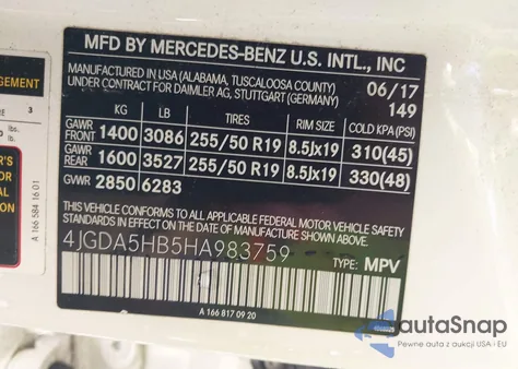 2017 Mercedes-Benz Gle 350 4Matic z USA, uszkodzony, nr VIN 4JGDA5HB5HA983759